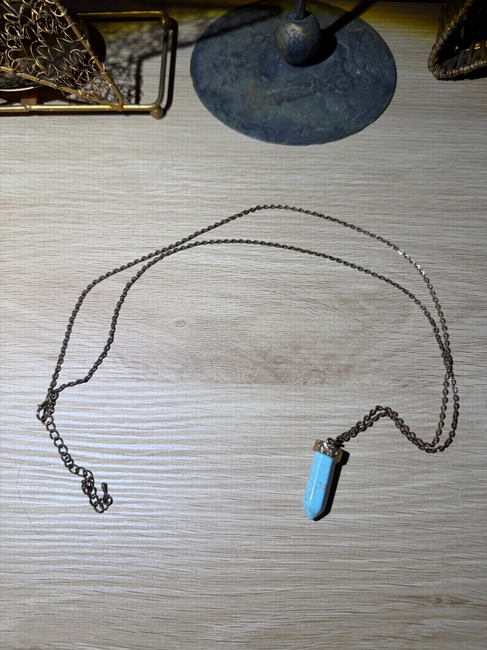 Turquoise Bar Pendant Necklace on Gold-Tone Chain